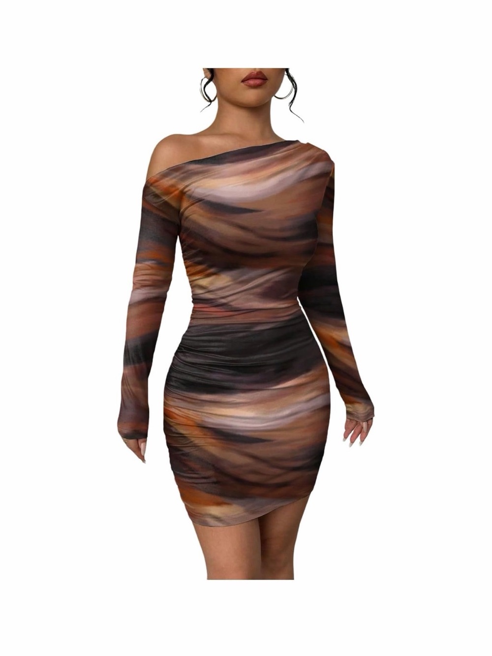 One-Shoulder Brown Marble Ruched Bodycon Dress